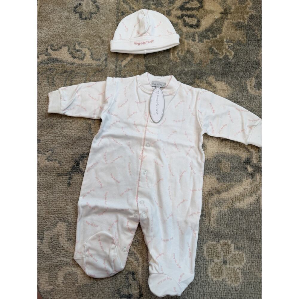 Hug Me First Layette 2 Piece Pima cotton Footie & hat Newborn Set Baby Girl NWT